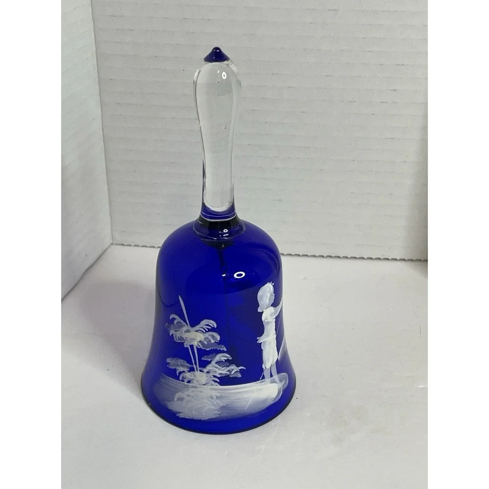 Vintage Mary Gregory Dinner Bell Cobalt Blue Boy Fishing Handpainted